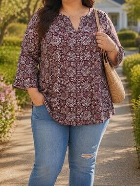 NWT Gozzip Plus Size Maroon Aqua Floral Medallion Boho Tunic Top US 16 EU Med